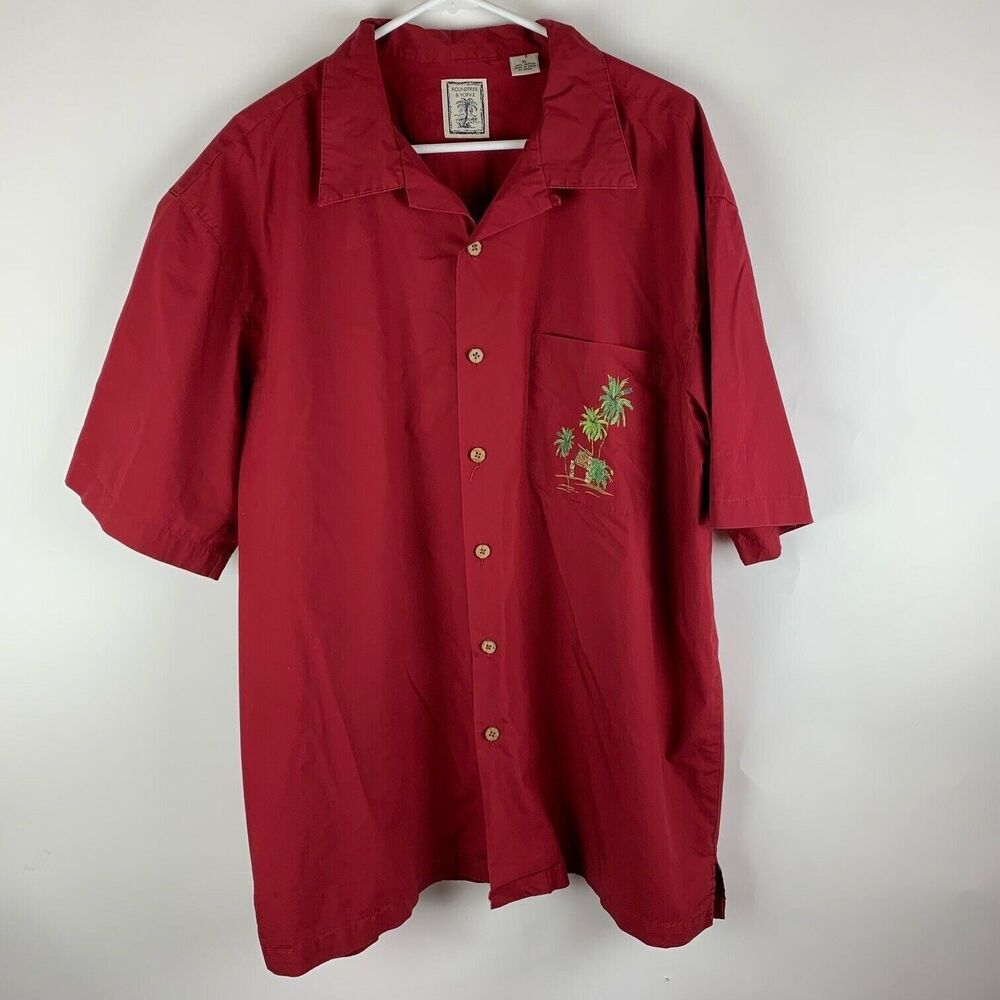 Roundtree & Yorke Men XL Short Sleeve Button Front Aloha Shirt Palm Tree Red